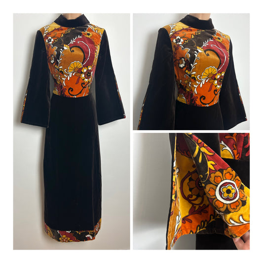 Vintage 1960s Size 8 Stunning Brown Rust Orange & Mustard Floral Print Long Sleeve Velvet Maxi Dress
