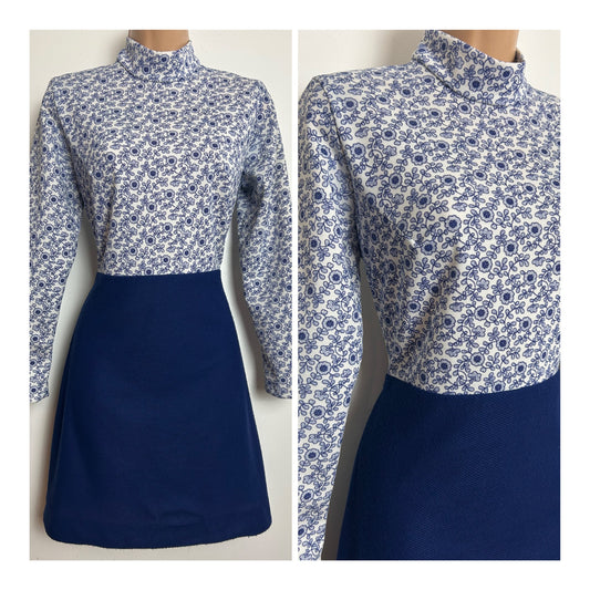 Vintage 1960s Size 10 Blue & White Floral Print Long Sleeve Mini Mod Dress