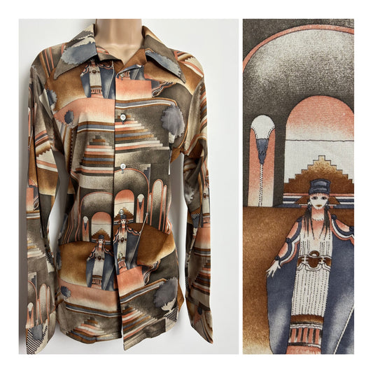 Vintage 1970s Size 10-12 Brown & Grey Tones Novelty Print Long Sleeve Shirt