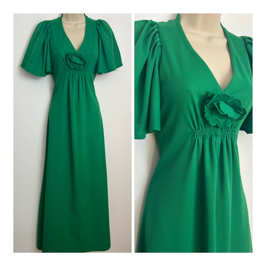 Vintage 1970s Size 6-8 Green Floral Corsage Short Flutter Sleeve Empire Line Maxi Dress