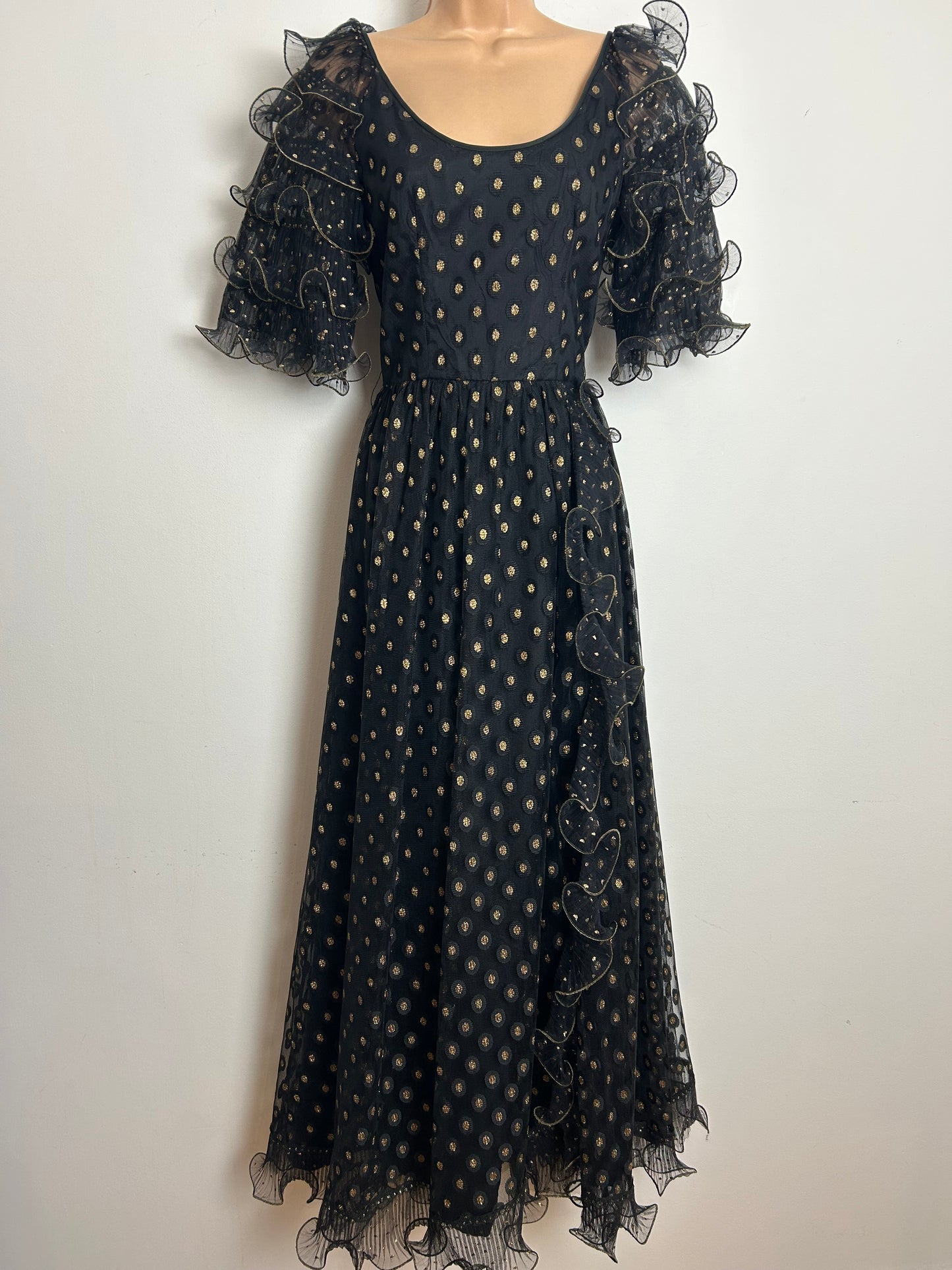 Vintage Late 1970s JOHN CHARLES Size 8 Black & Gold Spot Pattern Ruffle Sleeve Evening Maxi Dress