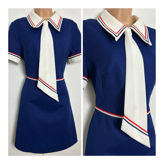 Vintage 1960s Size 12 Navy Blue & White Dagger Collar Mock Tie Short Sleeve Crimplene Mod Scooter Dress