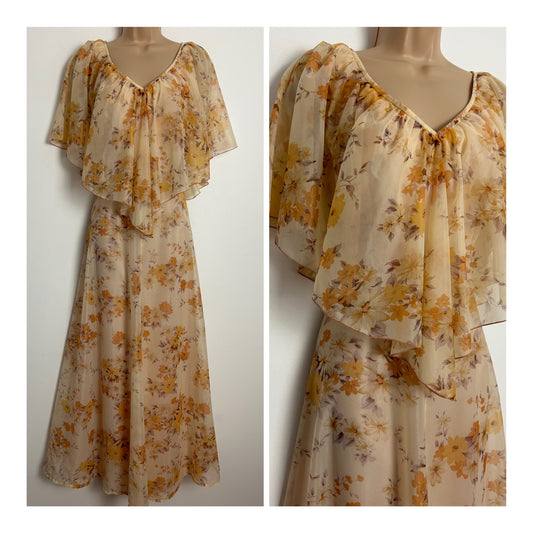 Vintage 1970s UK Size 10 Pale Peach & Orange Floral Print Cape Sleeve Boho Nylon Maxi Dress