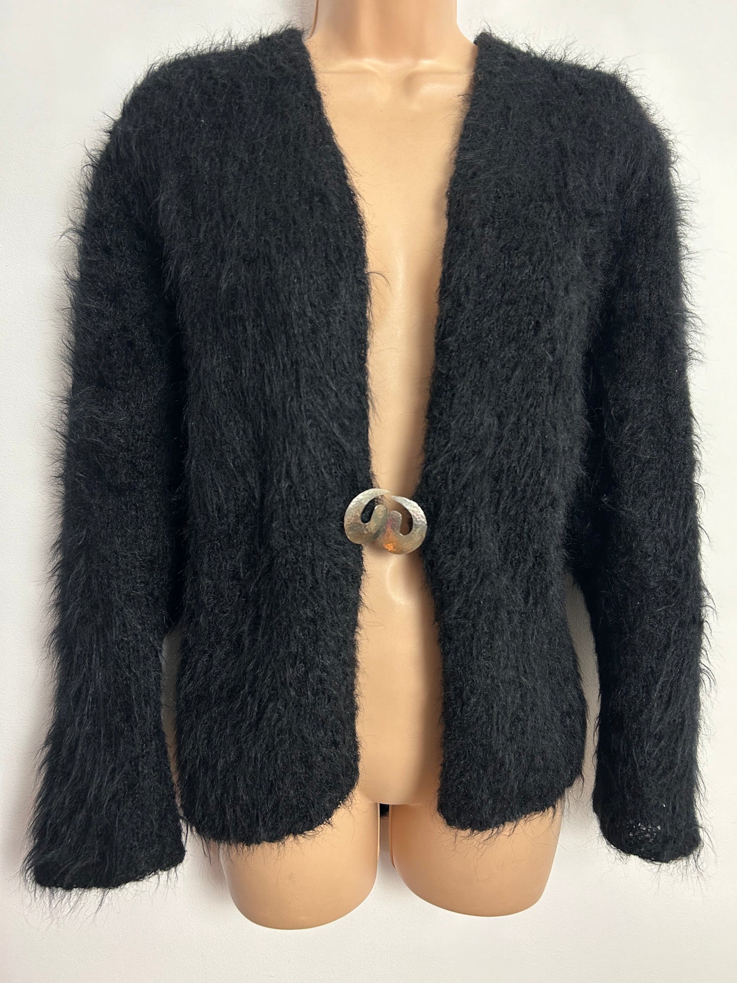 Vintage 1980s One Size Up To Size 16 Black Mohair Silver Tone Clasp Cardigan