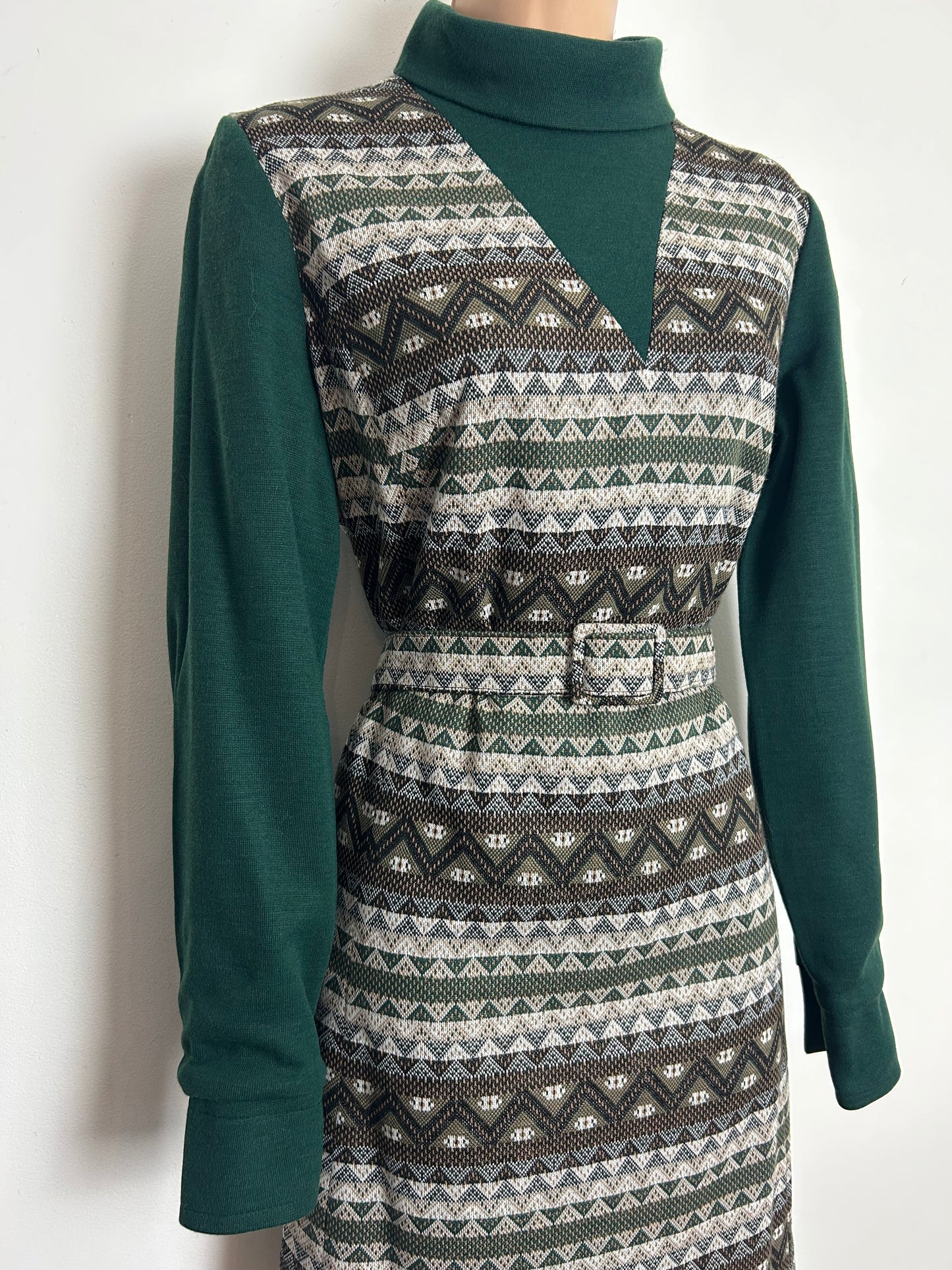 Vintage 1960s BICKLER Size 12-14 Dark Green & Beige Abstract Geo Print Jersey Long Sleeve Belted Mod Day Dress