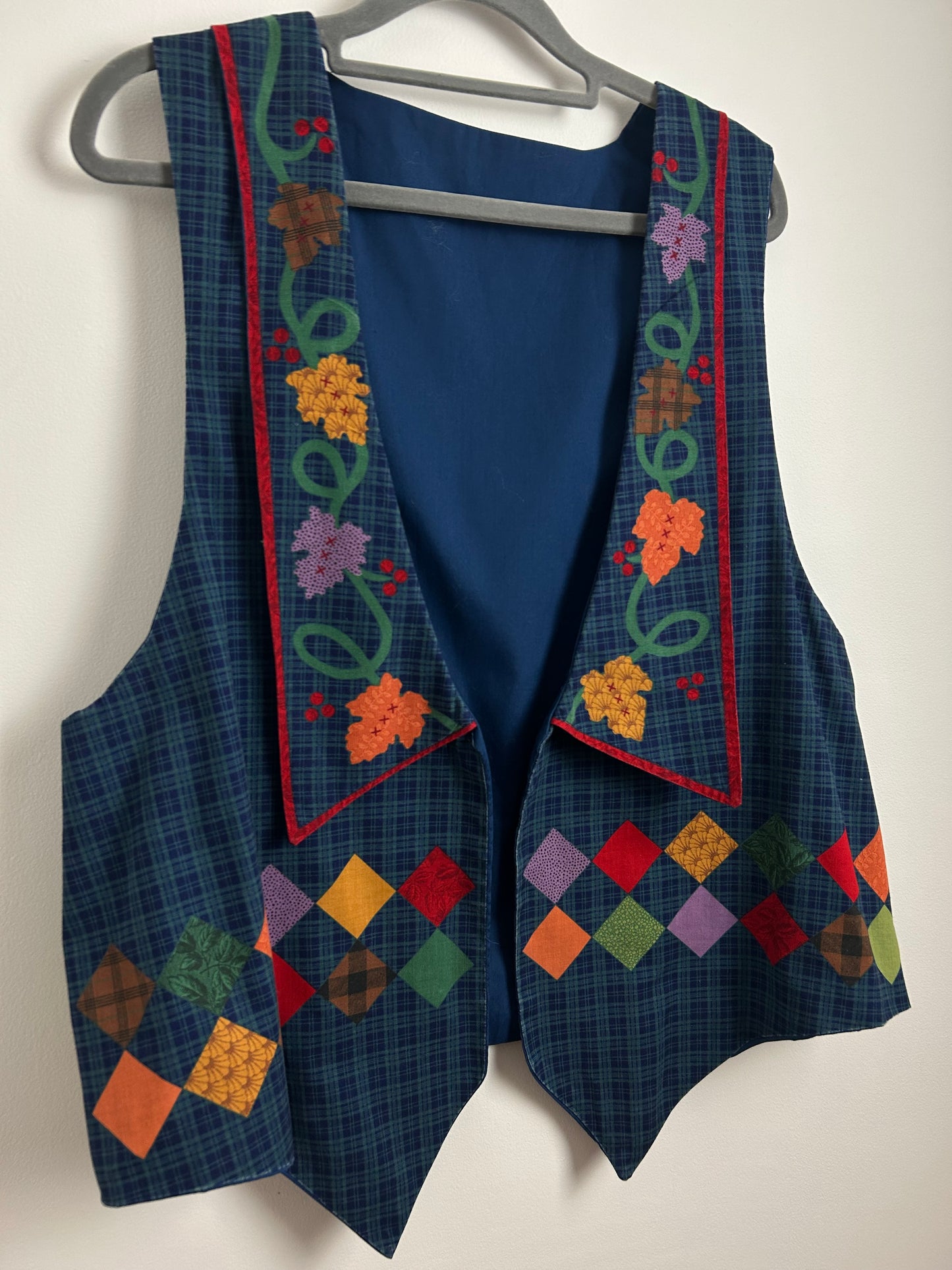 Vintage 1980s UK Size 14-16 Blue & Green Check Diamond, Leaf & Fruit Print Cotton Open Fronted Waistcoat