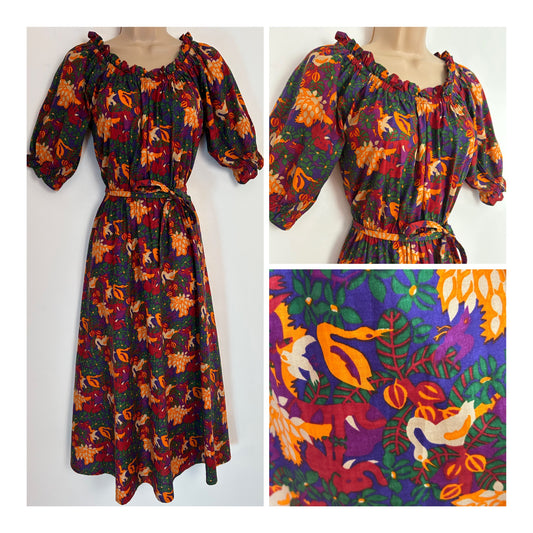 Vintage 1970s MISTER ANT UK Size 10 Dark Red Orange & Green Floral Bird & Stylised Elephant Print Boho Cotton Midi Dress
