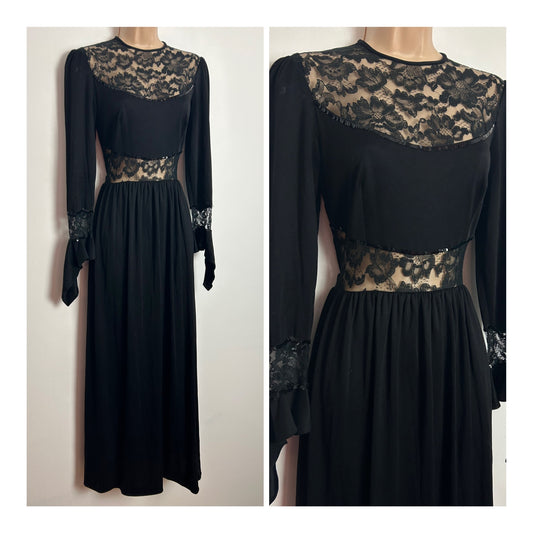 Vintage 1970s UK Size 6-8 Gorgeous Black Lace & Sequin Detail Long Sleeve Flared Cuff Occasion Evening Maxi Dress