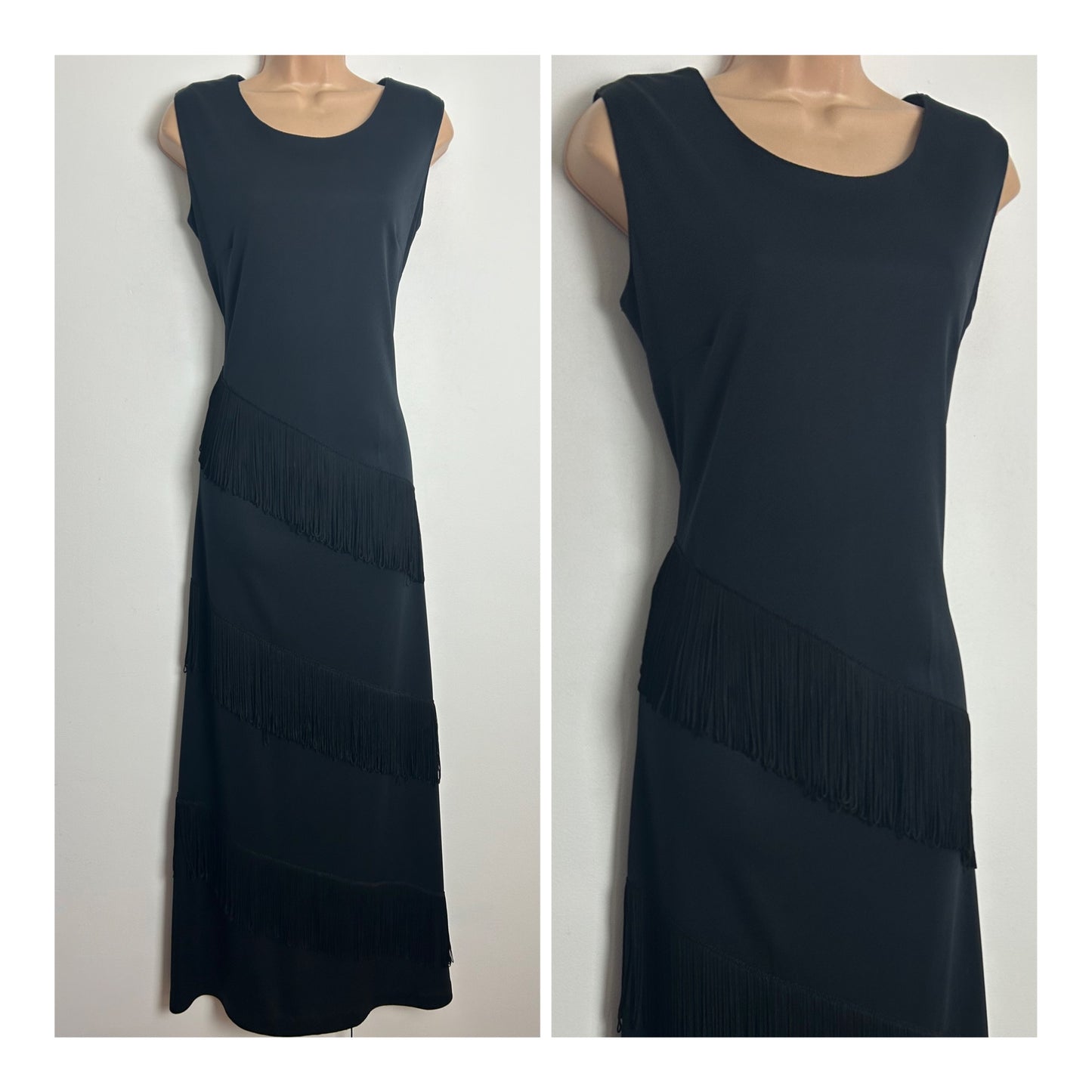 Vintage 1970s Size 12 Black Sleeveless Fringe Tassel Detail Evening Occasion Maxi Dress