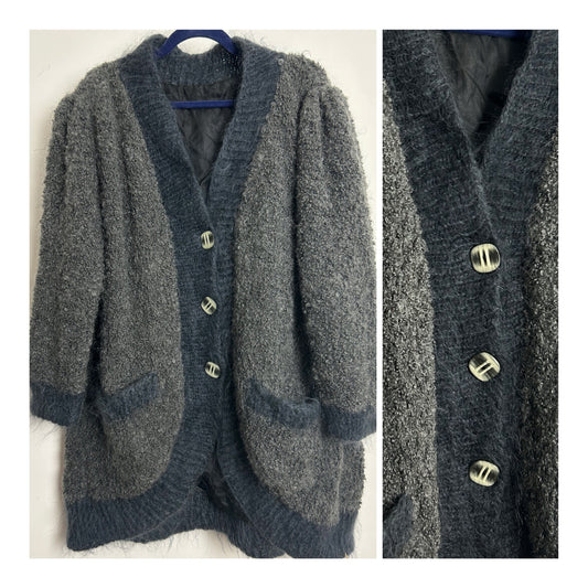 Vintage 1980s Size XL Over Size Grey Boucle Mohair Mix Fully Lined Cardigan Coatigan