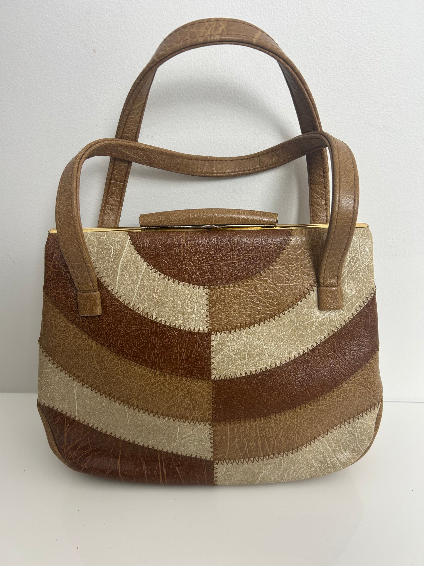 Vintage 1960s WEYMOUTH AMERICA Tan Brown & Beige Faux Leather Patchwork Panels Handbag