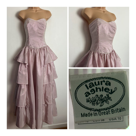 Vintage 80s LAURA ASHLEY UK Size 8 (Size 12 On Label) Strapless Pale Pink & White Stripe Tiered Full Length Ballgown