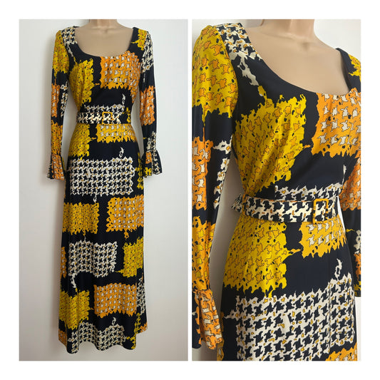 Vintage 1970s CALIFORNIA THE LOOK YOU LOVE Size 8 Navy Orange & Yellow Abstract Belted Maxi Dress