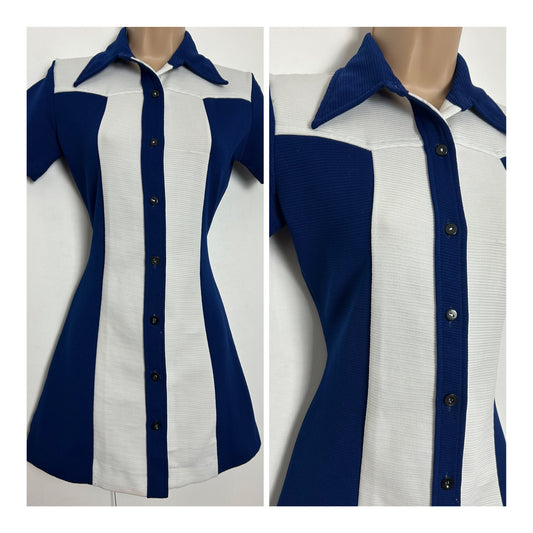 Vintage 1960s SOLTEX Size 8 Navy Blue & White Ribbed Polyester Mini Mod Dress