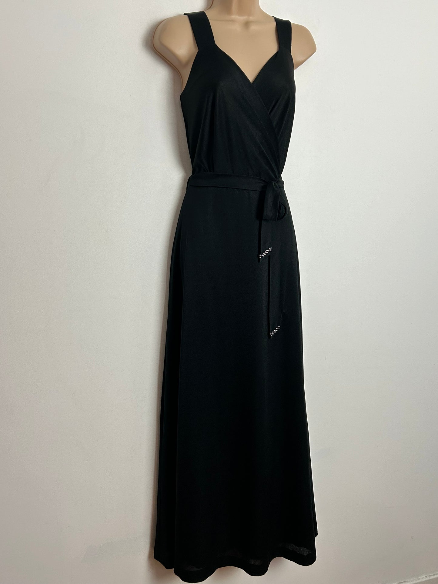 Vintage 1970s UK Size 12 Black Sweetheart Surplice Neck Belted Occasion Maxi Dress