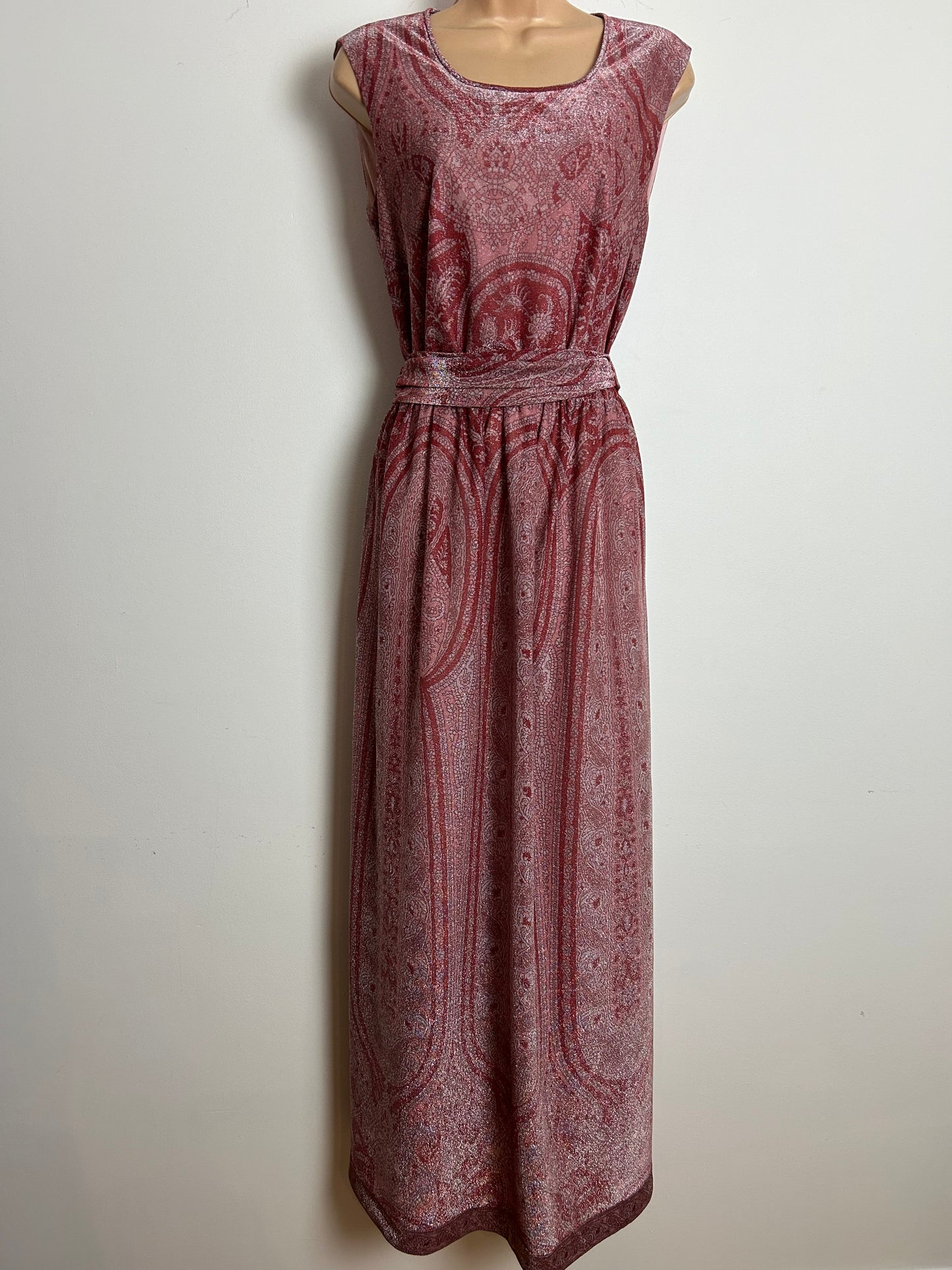 Vintage 1970s VERENA Size 10-12 Beautiful Dark Pink Tones Lurex Belted Evening Maxi Dress