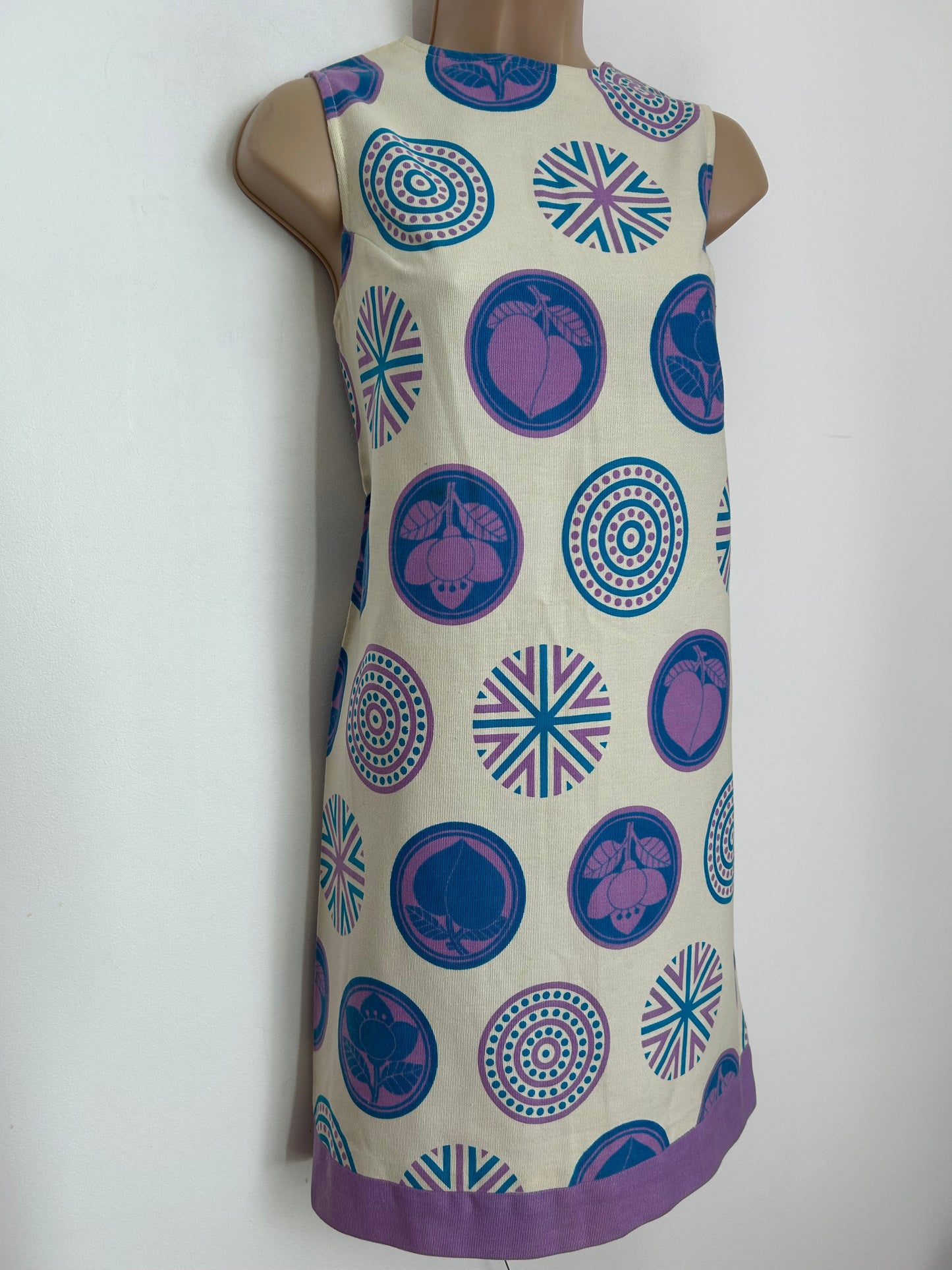 Vintage 1960s JEAN REY PARIS Size 6-8 Off White Blue & Pink Abstract Circle Print Cotton Mini Mod Shift Dress