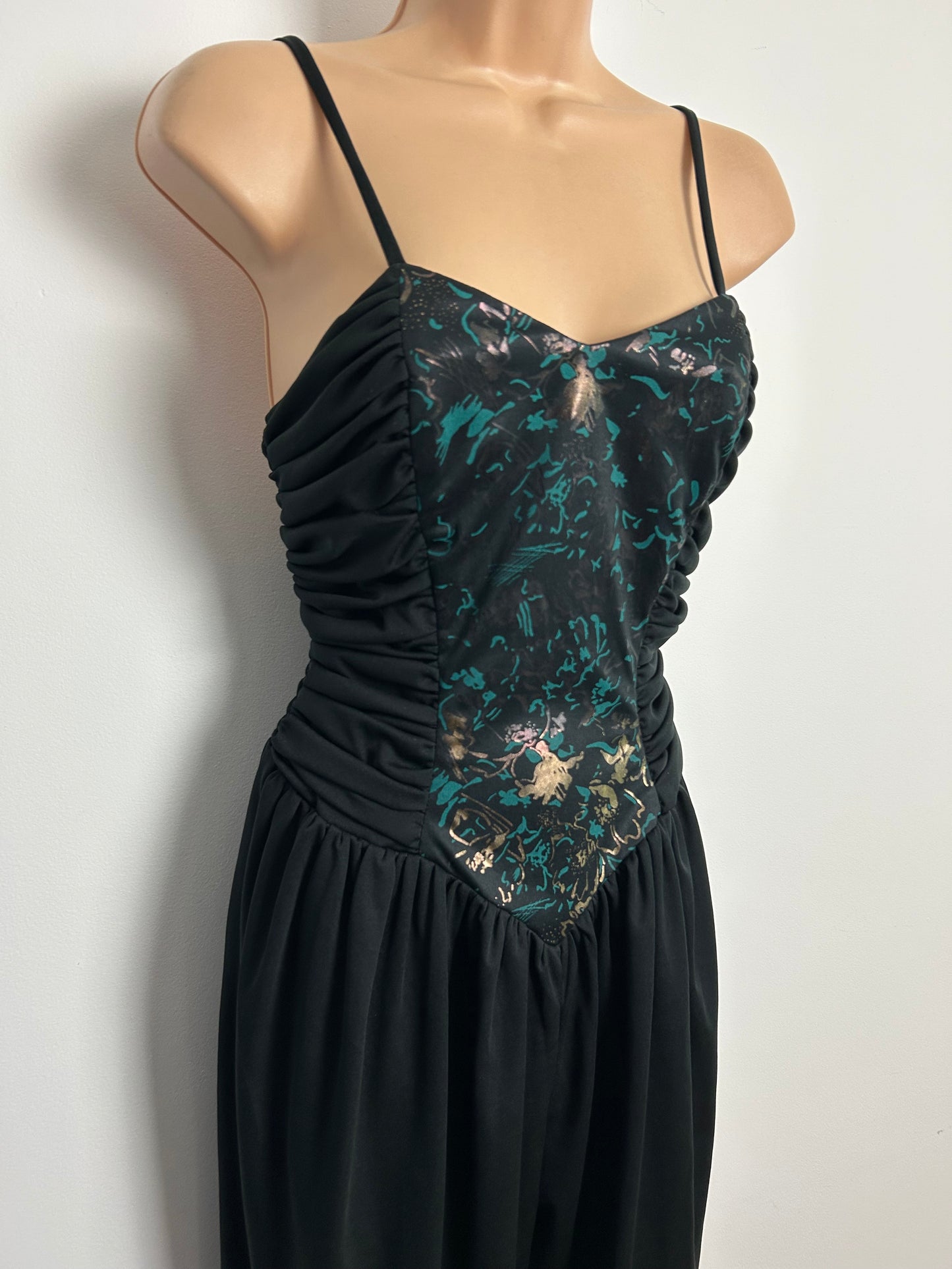 Vintage 1980s Size 10-12 Black Teal & Gold Ruched Bodice Strappy Party Evening Jumpsuit