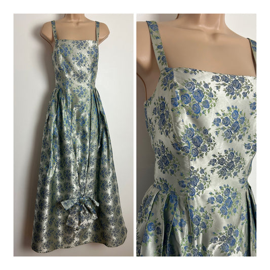 Vintage 1950s Size 6 Silver Blue & Green Floral Satin Jacquard Bow Detail Evening Occasion Maxi Dress