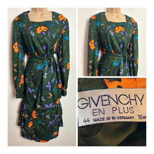 Vintage 1980s Designer GIVENCHY EN PLUS Size 16 Green & Orange Floral Print Belted Day Dress