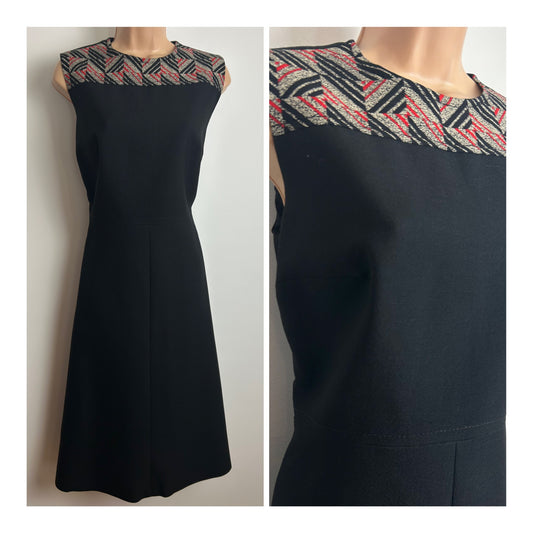 Vintage 1960s Size 10-12 Black Stripe & Check Print Detail Sleeveless Wool Mix Mod Dress