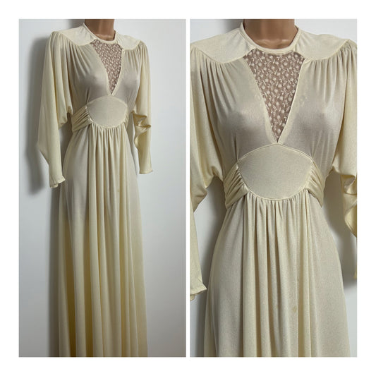 Vintage 1970s MR DARREN Size 8 Cream Lace Panel Grecian Style Draped Sleeve Occasion Wedding Boho Maxi Dress