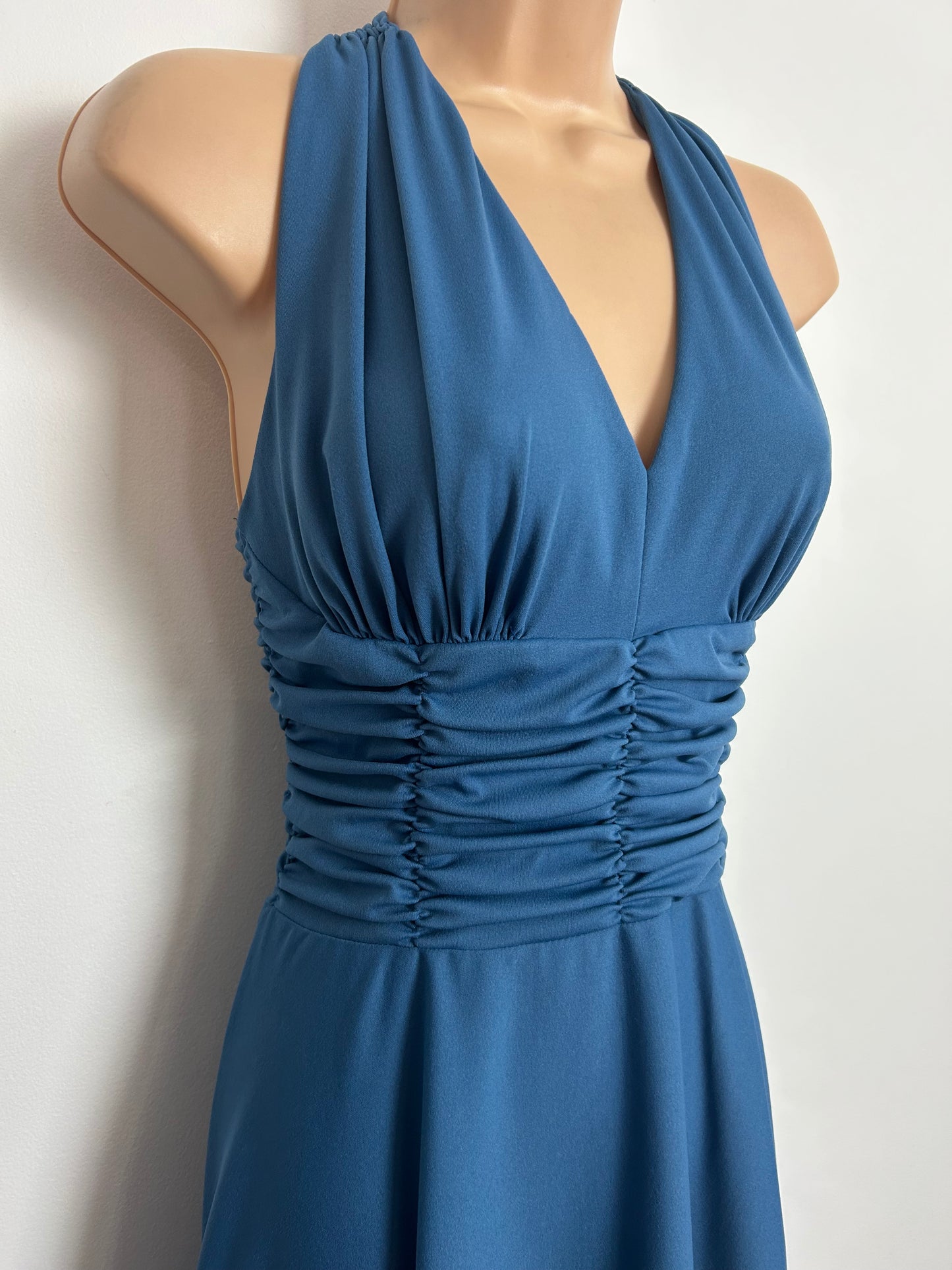 Vintage 1970s Size 6 Dusky Blue Strappy Cage Back Evening Occasion Maxi Dress