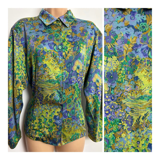 Vintage 1980s Size 14 Green Purple & Lilac Floral Print Long Sleeve Silky Feel Shirt