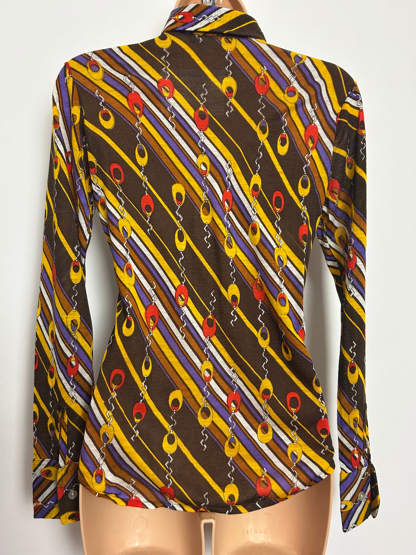 Vintage 1970s SAINT CLOUD Size 6-8 Brown Mustard Red & Purple Abstract Print Beagle Collar Shirt