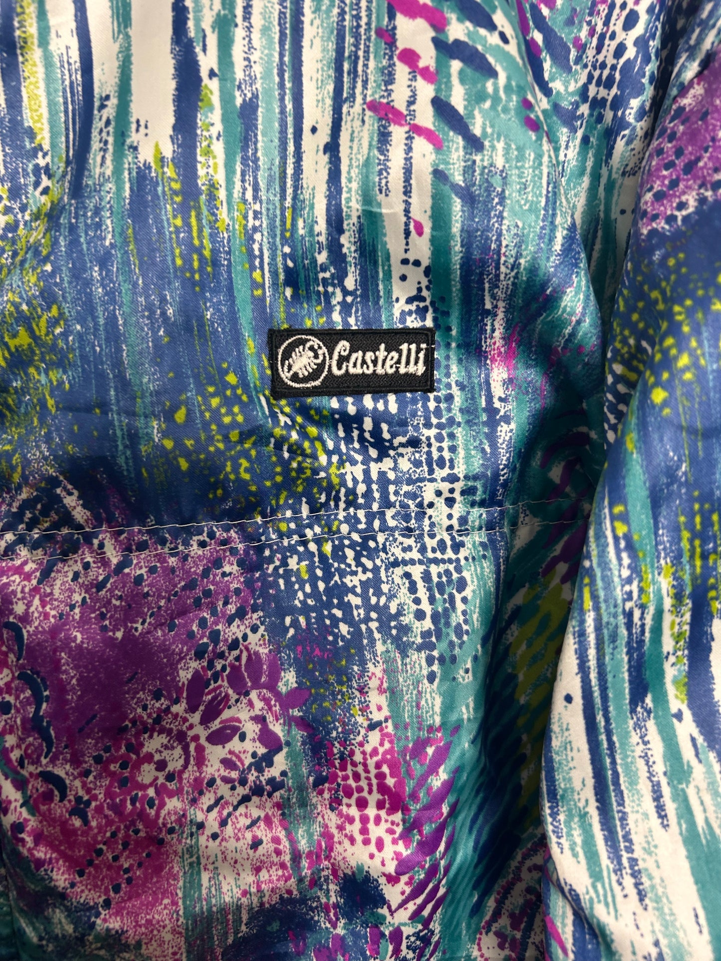 Vintage 1980s Up To Size 14 Italian CASTELLI Blue Turquoise & Pink Paisley Print Zip Fronted Activewear Cycling Top