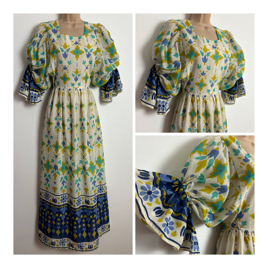 Vintage 1970s SNAZZI UK Size 8 Beige Blue Mustard & Turquoise Floral Print Very Puffed Sleeves Boho Maxi Dress