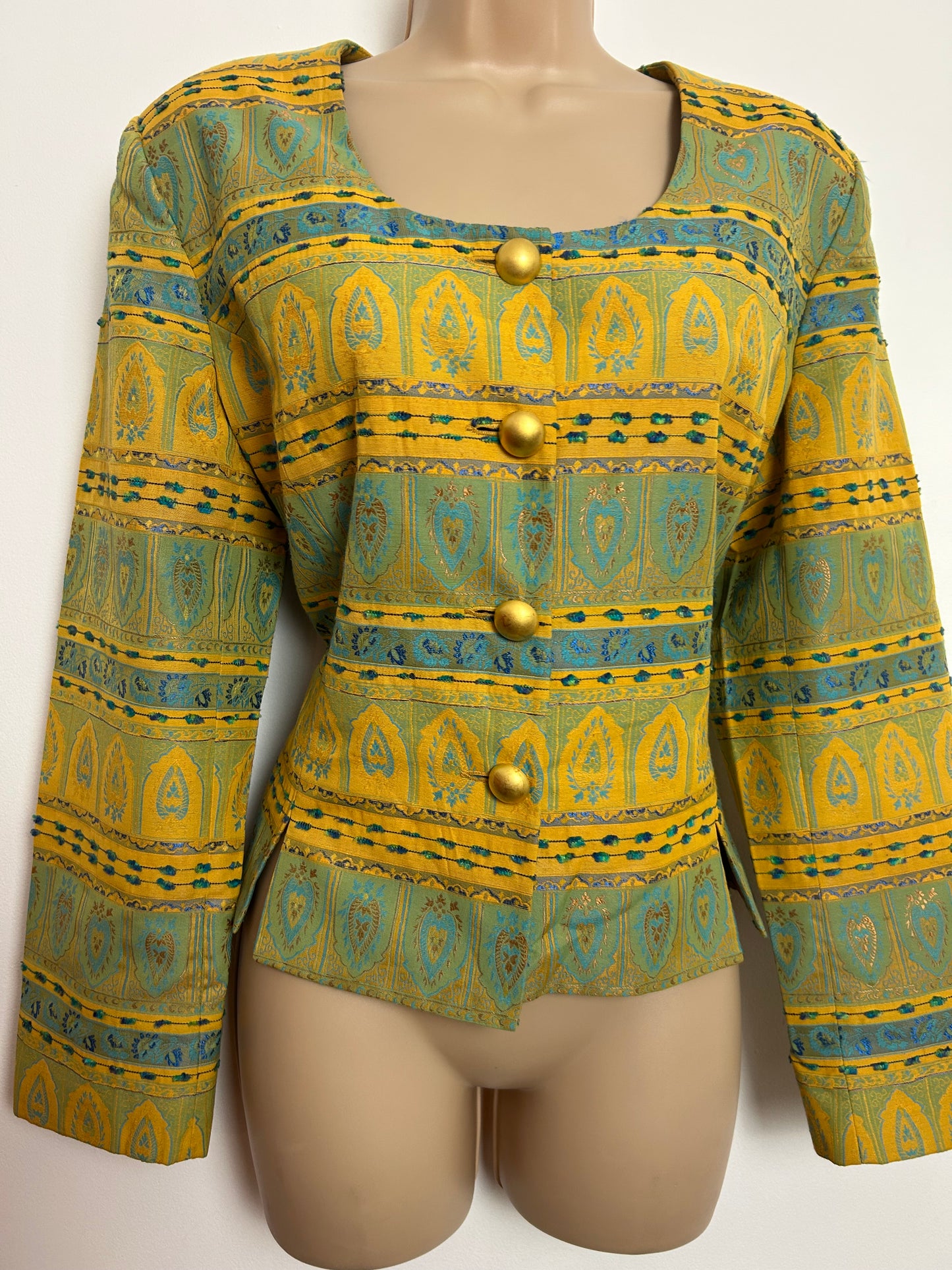 Vintage 1980s JULIE GUERLANDE Size 14 Yellowy Gold & Duck Egg Blue Jacquard Collarless Jacket