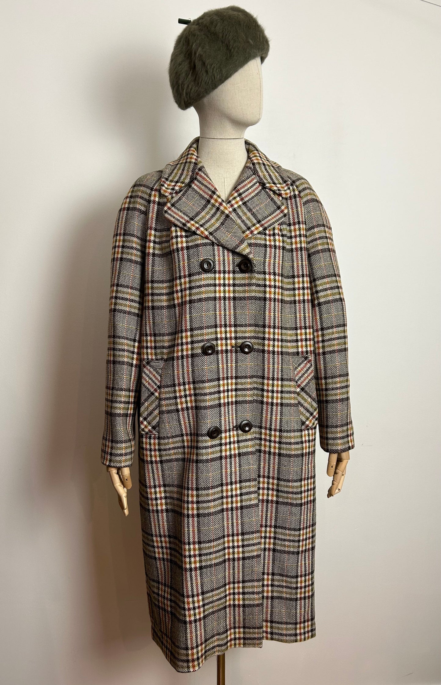 Vintage LAURE OF LEICESTER UK Size 14-16 Brown Cream & Rust Check Double Breasted Winter Coat