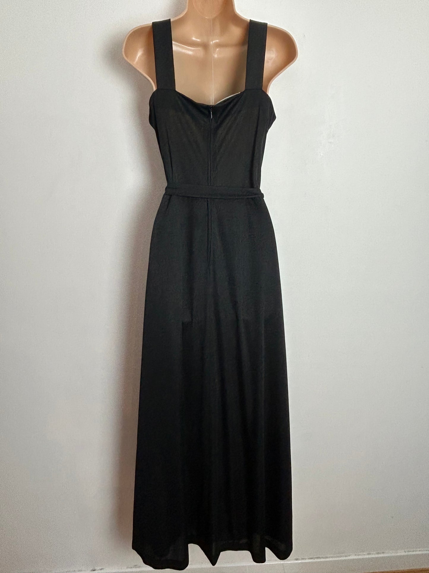 Vintage 1970s UK Size 12 Black Sweetheart Surplice Neck Belted Occasion Maxi Dress