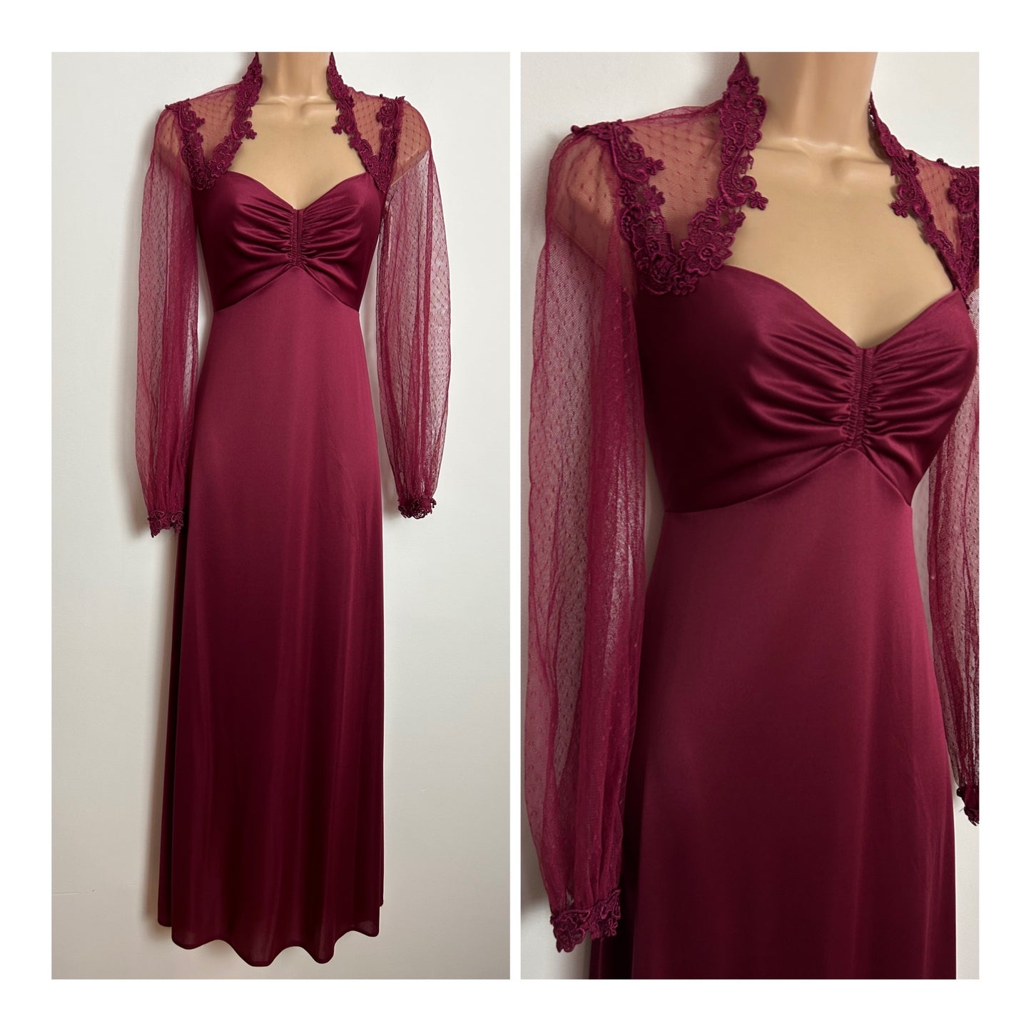 Vintage 1970s UK Size 6 Maroon Lace Detail Sweetheart Neckline Long Sleeve Occasion Evening Maxi Dress