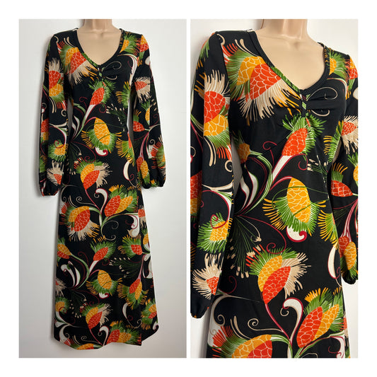 Vintage 1970s Size 10-12 Black Orange Yellow & Green Stylised Floral Print Long Sleeve Maxi Dress