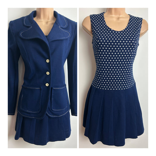 Vintage 1960s Size 8 Navy Blue Polka Dot Pleated Mini Mod Suit: Dress & Matching Jacket
