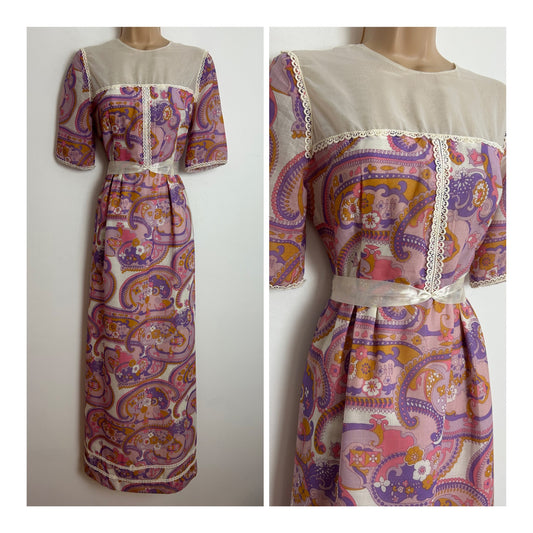 Vintage 1970s KARIDA Size 10 Pink Purple & Orange Psychedelic Floral Print Cotton Short Sleeve Maxi Dress