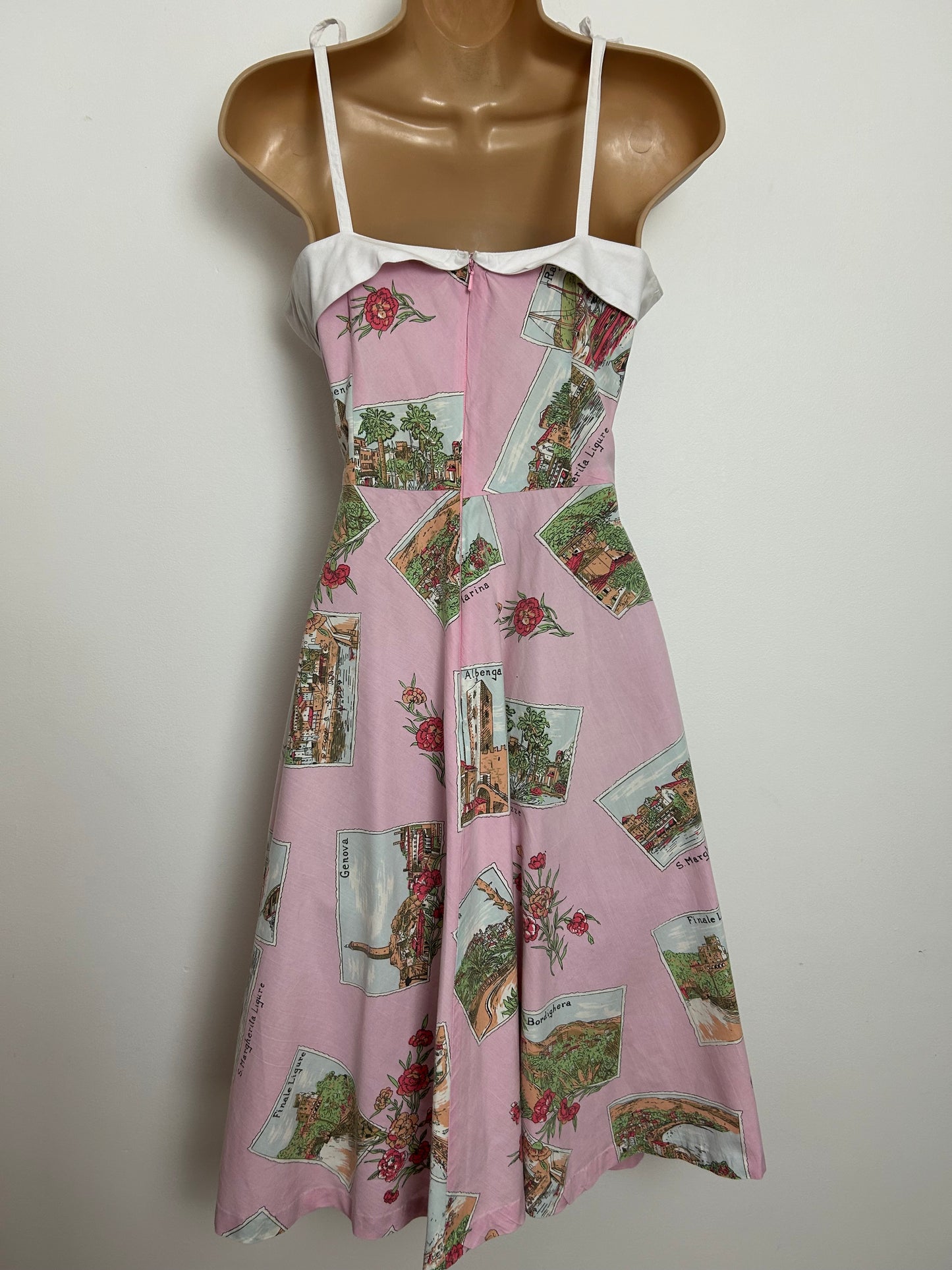 Vintage 1980s Size 8-10 Pink Italian Cities Postcard Print 50s Style Cotton Sun Dress
