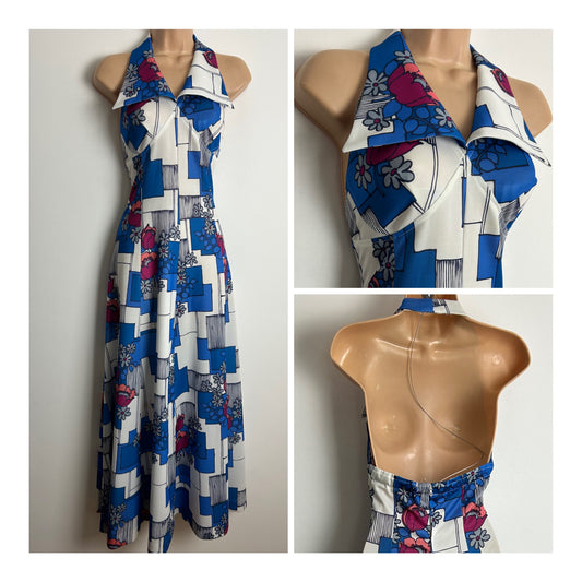 Vintage 1970s LAUTREC Size 8 White Blue & Pink Tones Abstract Check & Floral Print Collared Halter Summer Maxi Dress