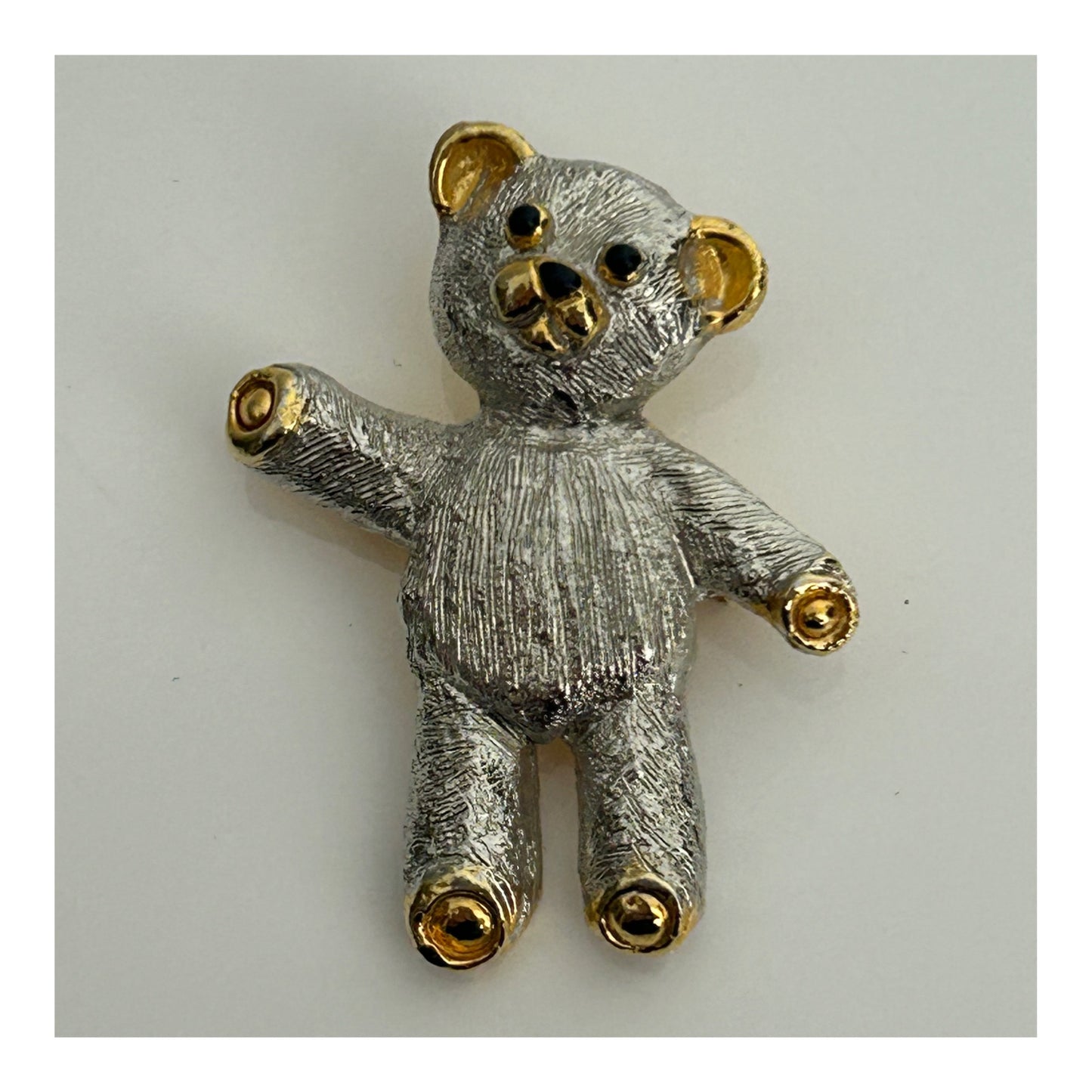 Vintage 1980s Small Silver Tone & Gold Cute Little Teddy Bear Pin Brooch