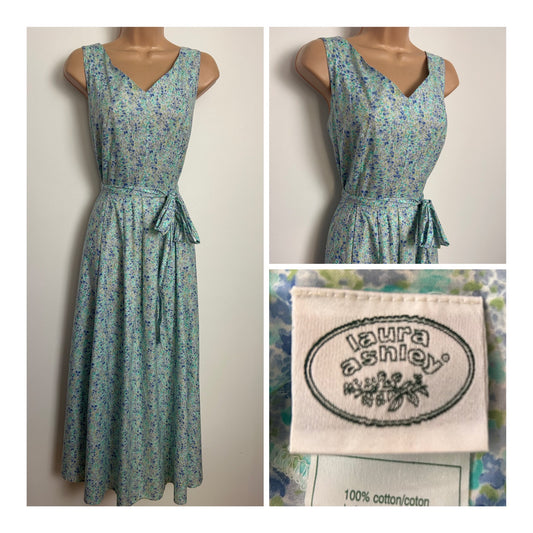 Vintage 1980s LAURA ASHLEY Size 12 (Size 14) Blue Ditsy Floral Print Belted Pleated Cotton Dress