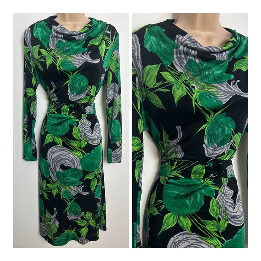 Vintage Late 1970s WIBOR Size 10-12 Black Green & Grey Floral Print Cowl Neck Long Sleeve Belted Day Dress