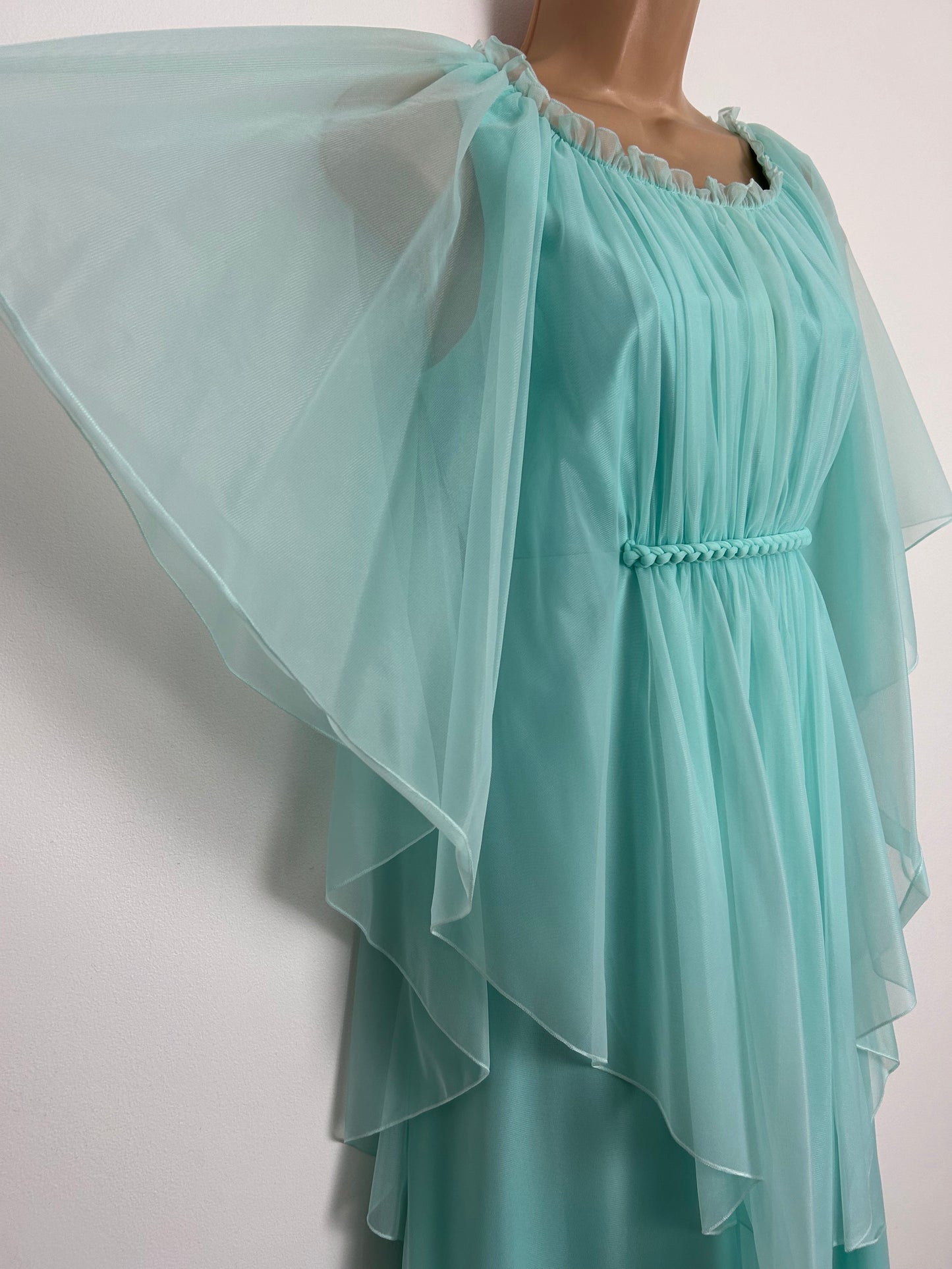 Vintage 1970s UK Size 8 Pale Icy Mint Green Nylon Cape Sleeve Plaited Boho Occasion Maxi Dress