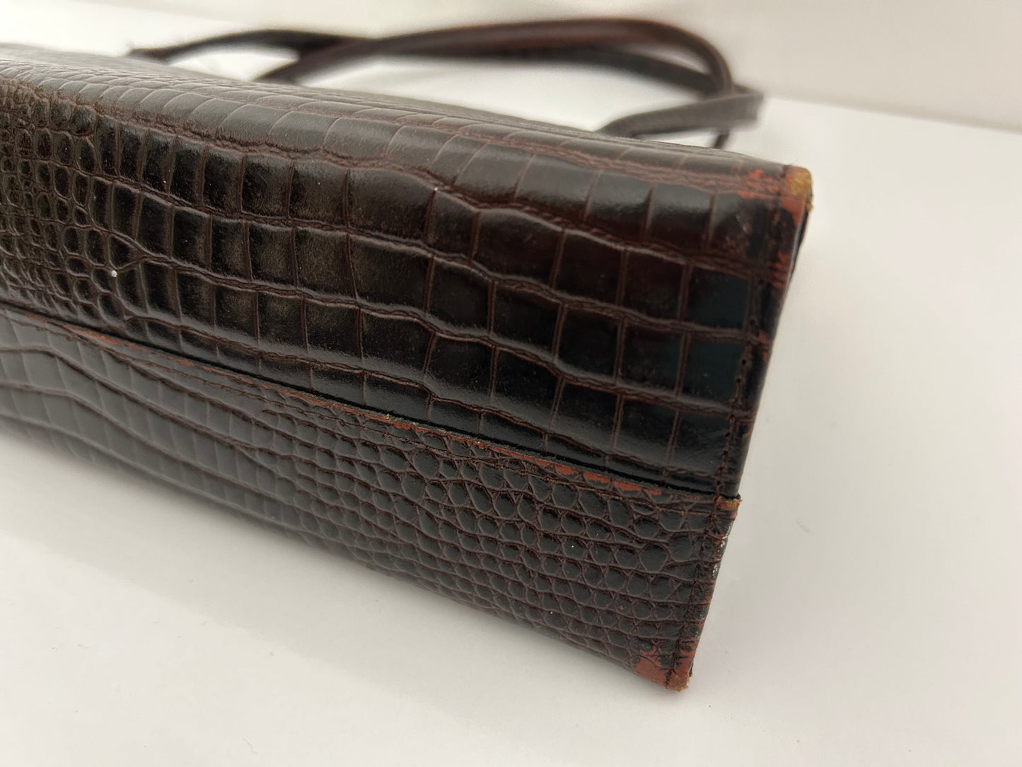 Vintage 1950s Chocolate Brown Mock Reptile Leather Kelly Bag Handbag