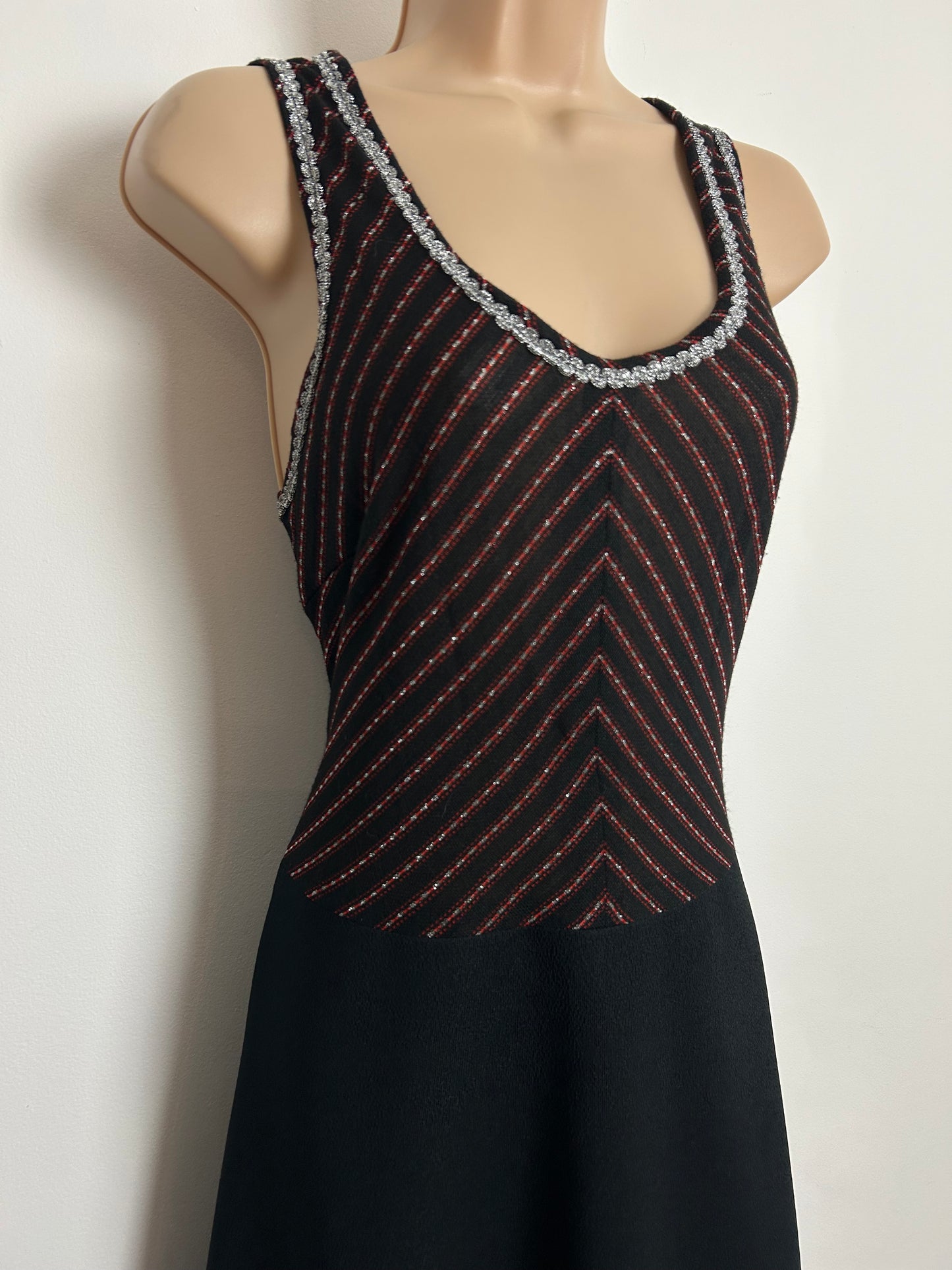 Vintage 1970s Size 14 Black Red & Silver Stripe Braid Trim Evening Party Maxi Dress