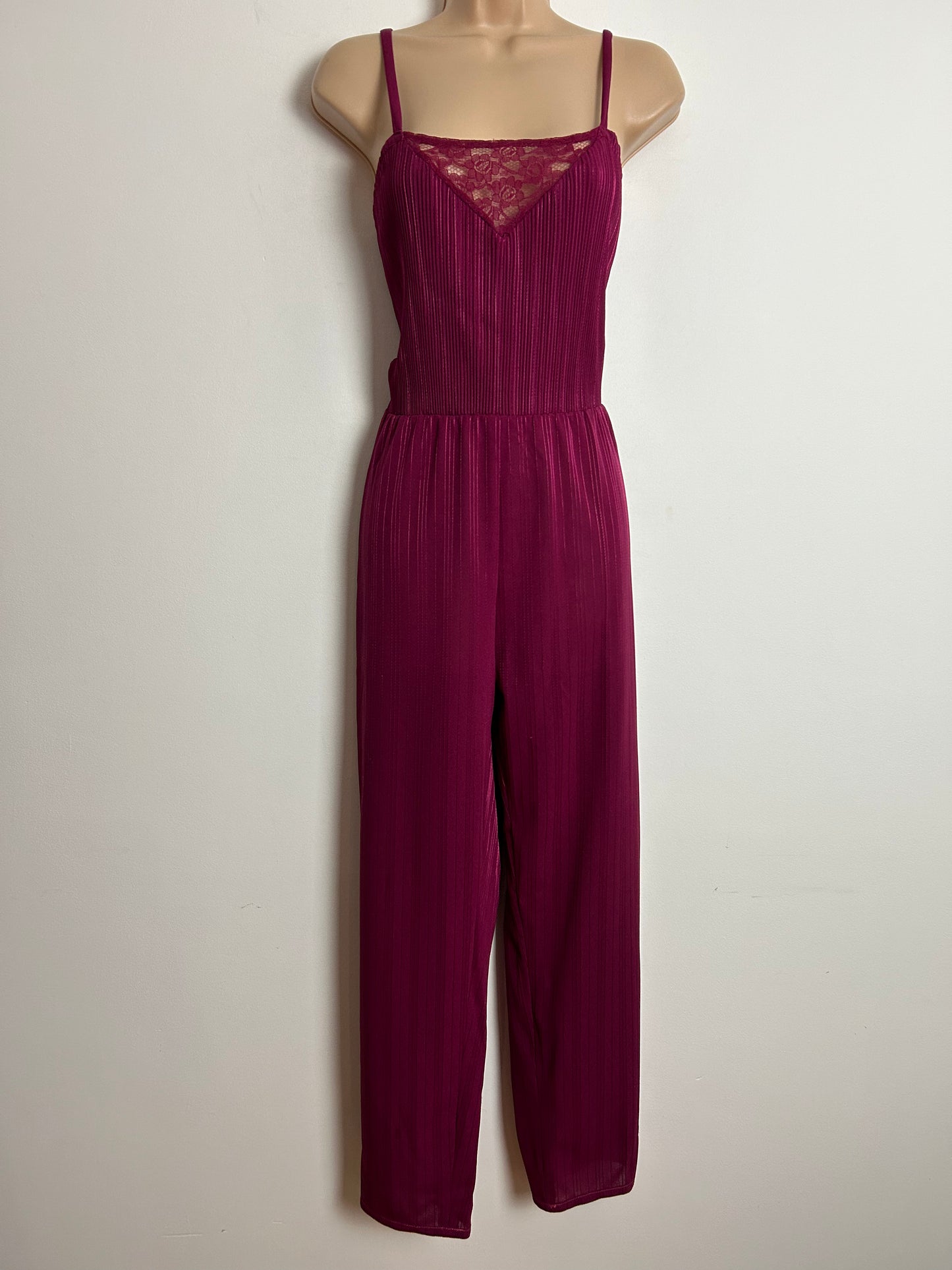 Vintage 1980s INKA MODELL UK Size 14-16 Maroon Plisse Pleated Stripe Lace Trim Jumpsuit & Matching Jacket