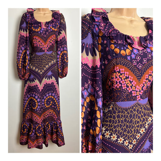 Vintage 1970s JOBI Size 8 Black Purple Pink & Orange Floral Print Ruffle Tim Long Sleeve Maxi Dress