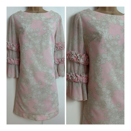 Vintage 1960s ALICE EDWARDS Size 8-10 Pale Pink White & Grey Floral Print Cotton Mix Mini Shift Dress