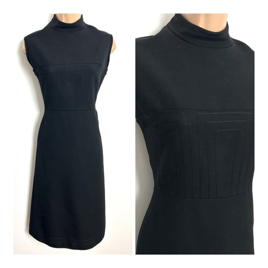 Vintage 1960s UK Size 8 Black Pure New Wool Stitch Detail Mod Dress
